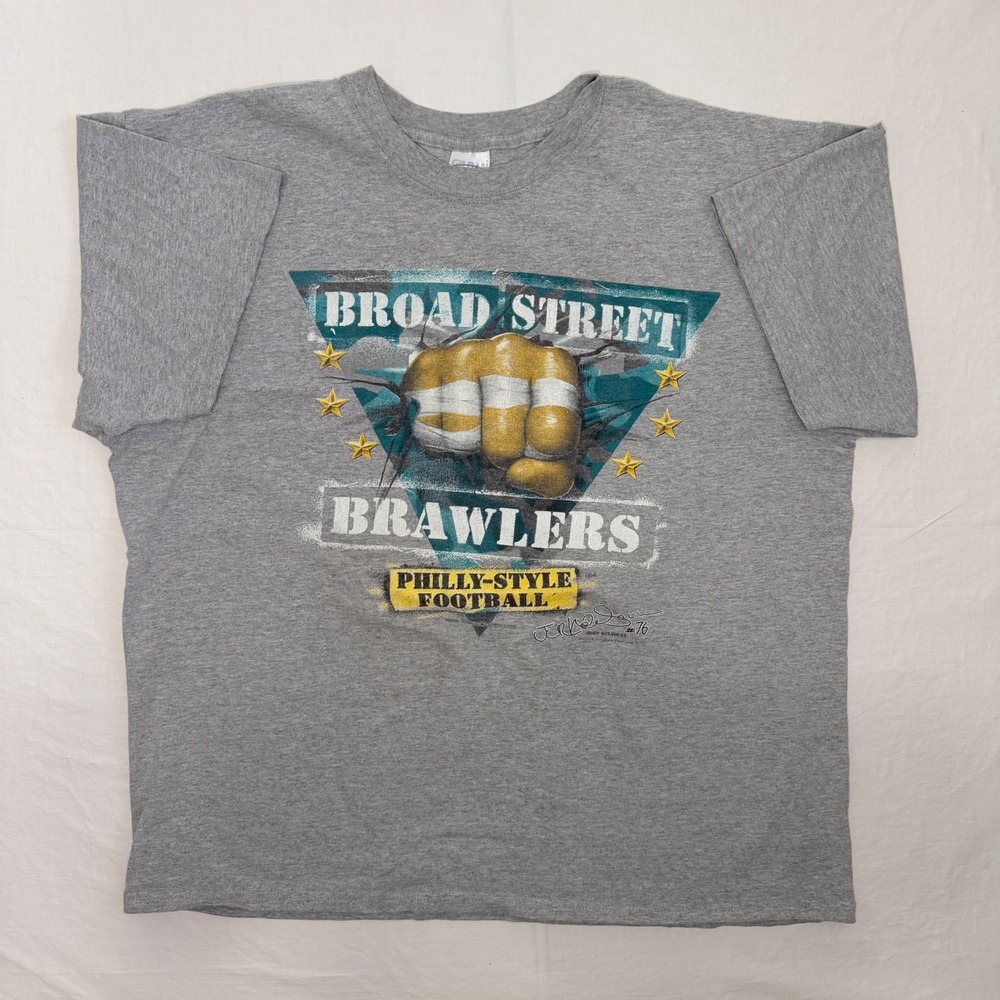 Vintage 2002 Broad Street Brawlers Philly Style Football Tee Gray Gildan XL